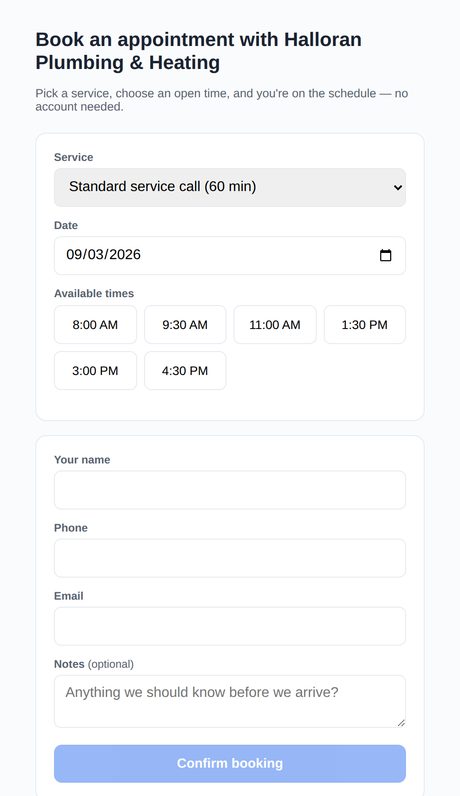 The public booking page a customer sees, with services and open times.