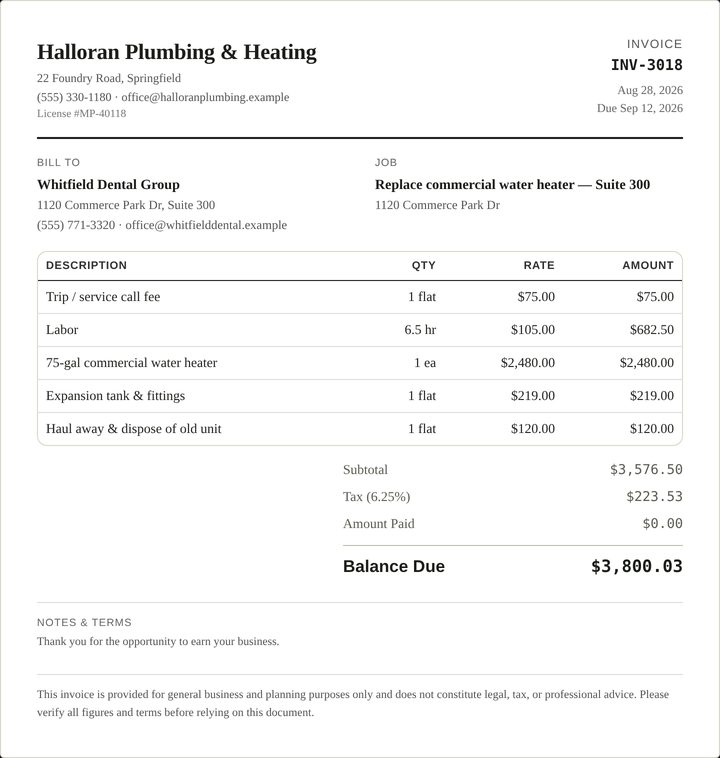 A finished Kelbra invoice with line items, tax and balance due.
