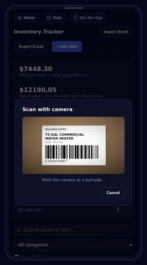 Kelbra on a phone, scanning a barcode into Inventory Tracker with the camera.